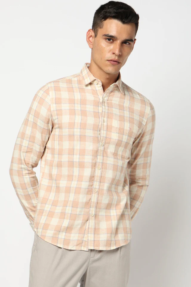 Peach Checkered Tailored Fit Shirt