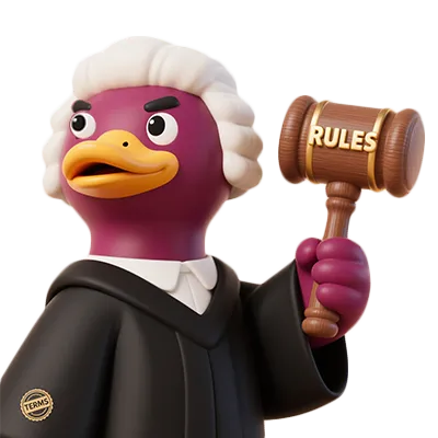 Cyber duck judge avatar with hammer of chaos, enforcing terms of service in dystopian court.