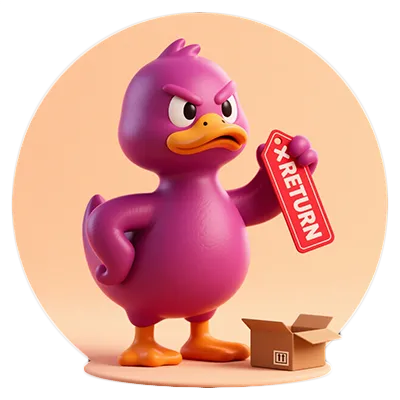 RETURN POLICY icon: The no-nonsense Duck boss holding a return label, declaring the policy.