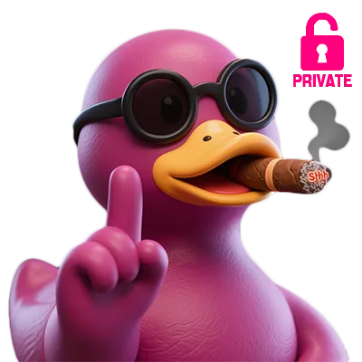 Duck Boss privacy icon:Duck Boss in cyberpunk shades smoking, making hand gesture of no—privacy policy guardian of chaos.