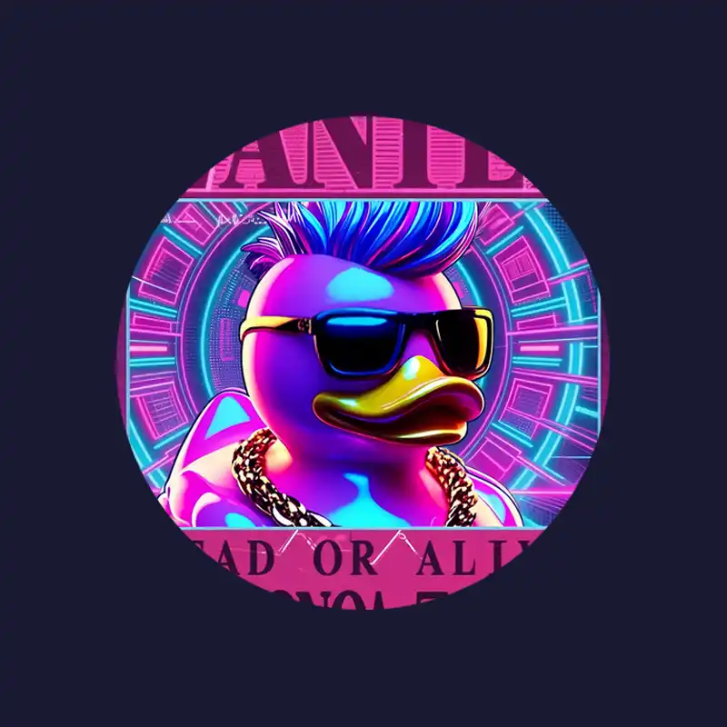 ALT: Cyber duck mascot avatar for adult toy brand, playful neon duck symbolizing rebellious pleasure and chaos energy, 18+ brand identity.