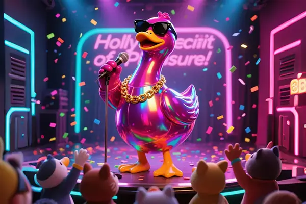 Cyber duck mascot in neon city background representing loneliness economy and emotional consumption in adult lifestyle.