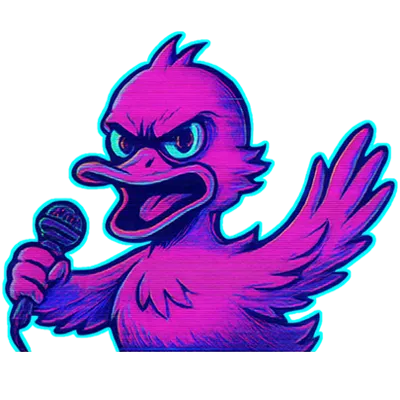 Crazy cyber duck delivering 18 plus entry warning in neon punk style, adult humor theme.