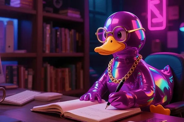 Cyber duck in neon lights representing spiritual survival and emotional chaos in lonely nights.