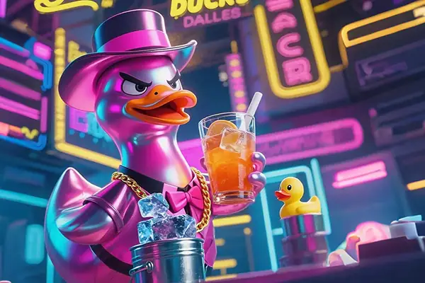 Futuristic duck mascot symbolizing digital intimacy and self-pleasure acceptance in modern adult wellness.