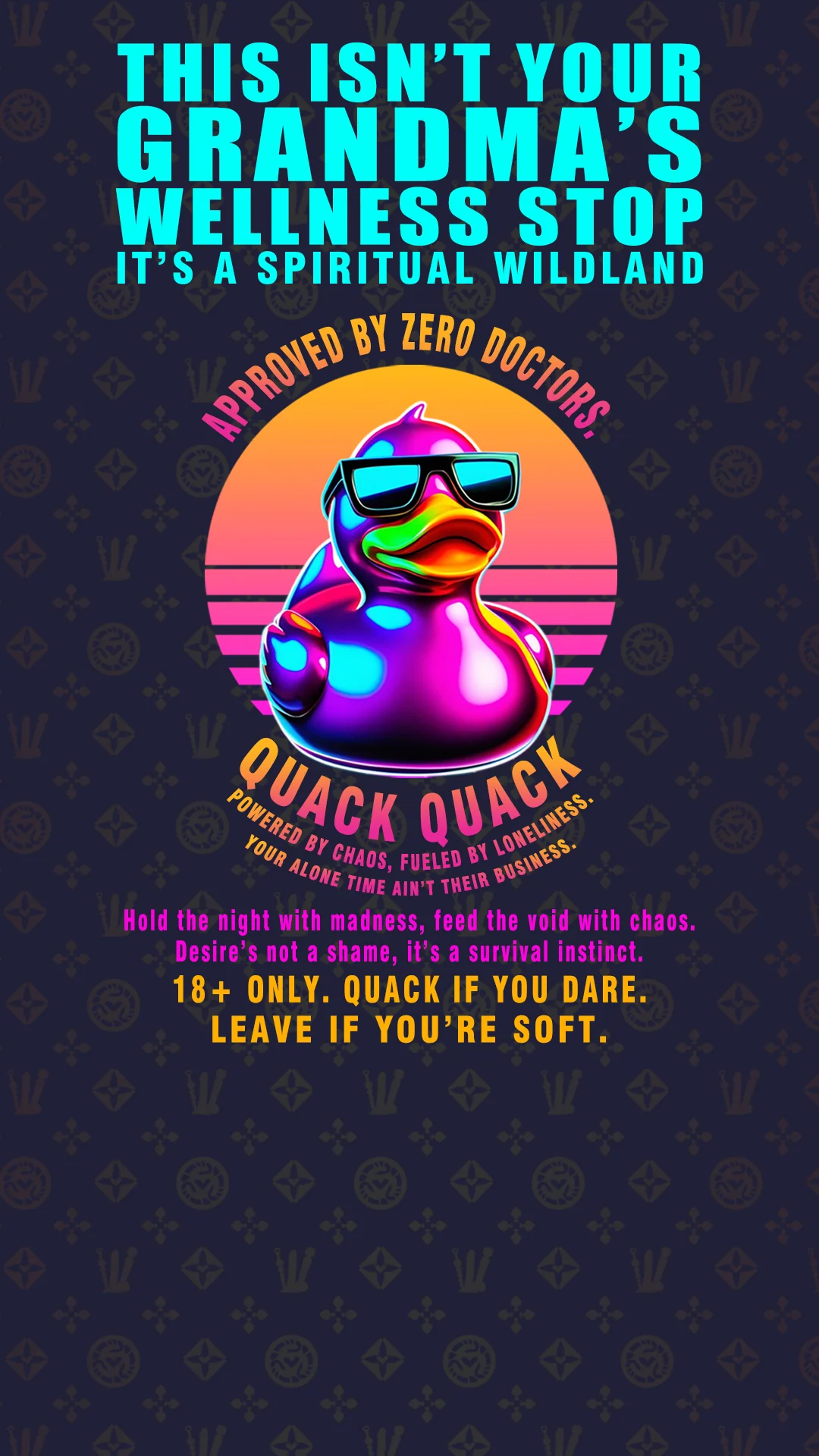 Mobile hero image—Cyberpunk-style adult toy banner featuring the Quack Quack duck mascot, symbolizing a wildland for lonely souls—where chaos, humor, and desire collide.